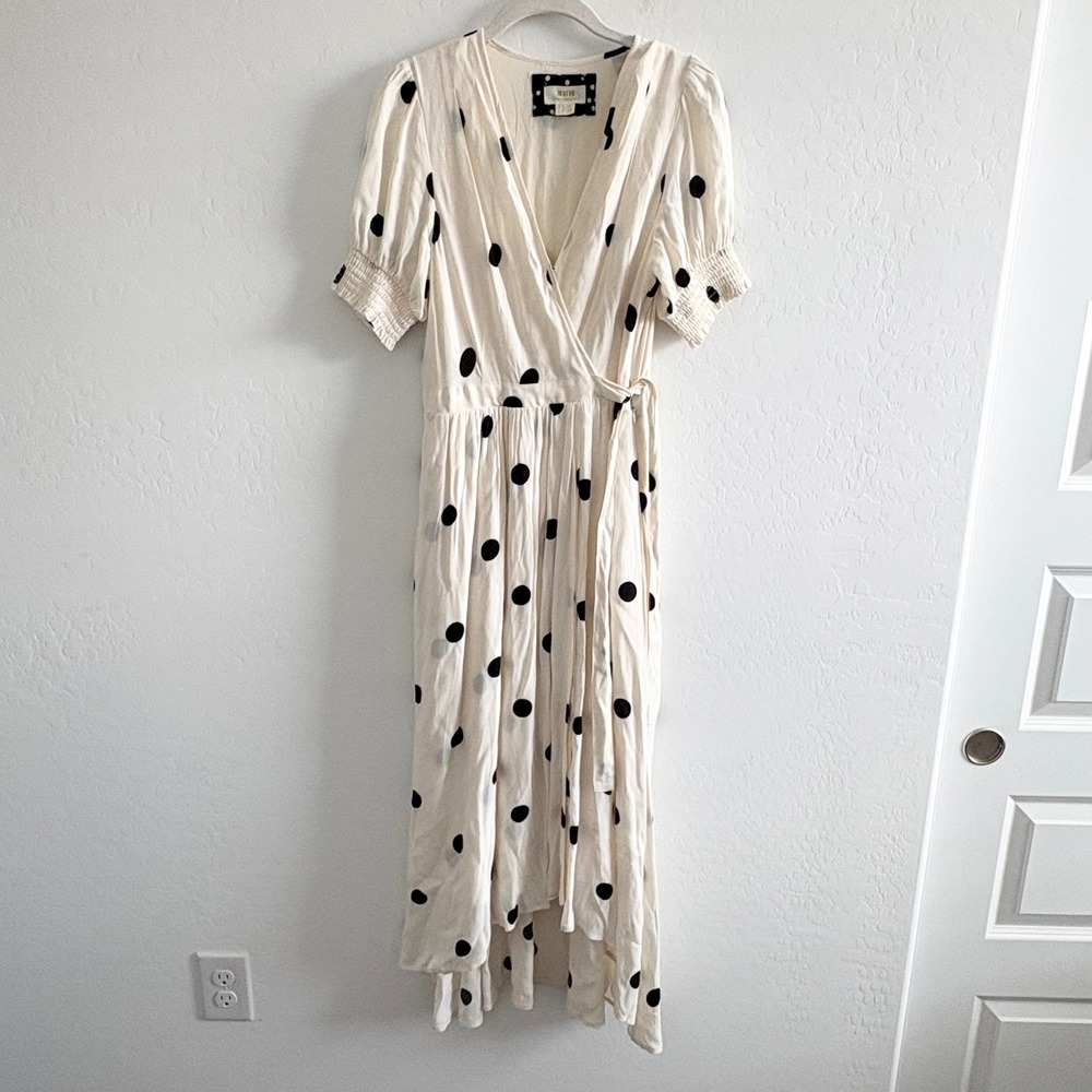 Maeve Anthropologie Breanna Polka Dot Dress Cream Black Size 8 High Low Midi - Picture 3 of 8